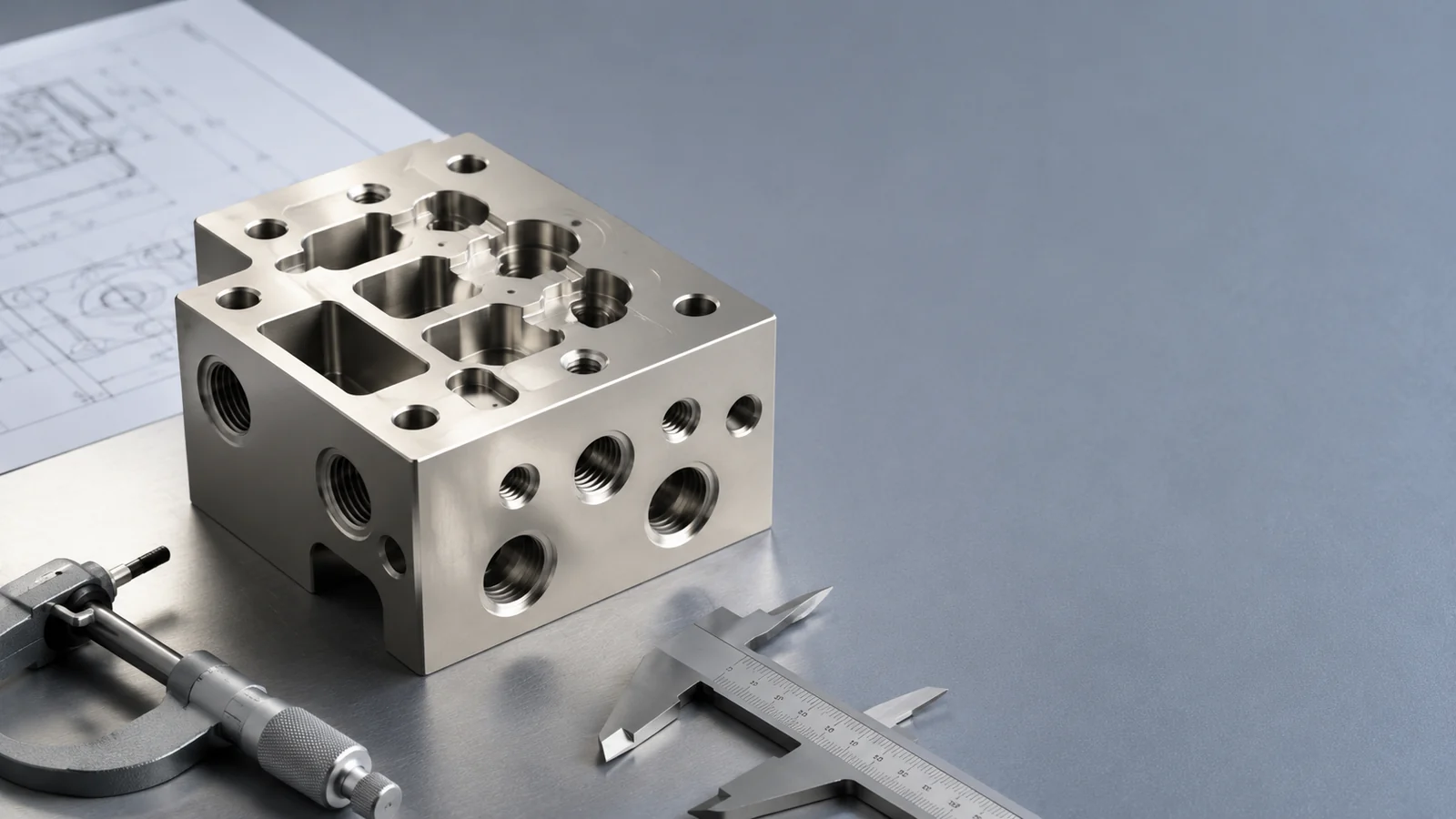 Uniform silver-finished precision CNC manifold representing electroless nickel plating