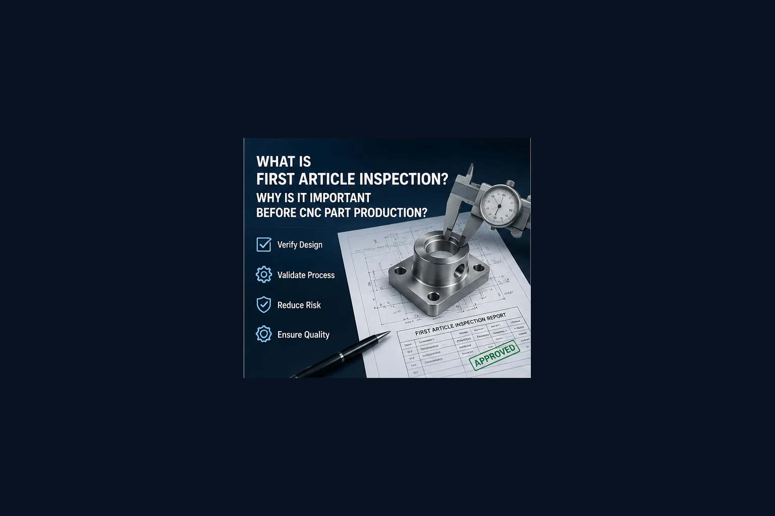 First article CNC part inspected with gauges and an approved inspection report